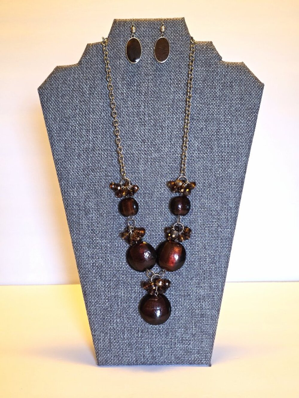 Brown Statement Necklace Earrings Set Faceted Beads Silver Tone 22–25”